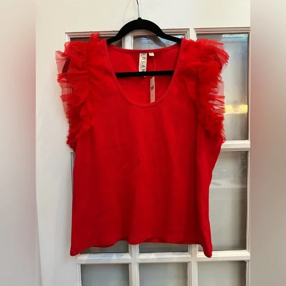 Anthropologie DOLAN Left Coast Tulle Sleeve Tank Top Blouse Red Chic Size XL - Picture 2 of 11